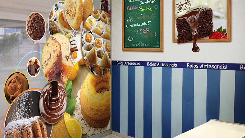 Criação de decoração e ambientações para lojas de bolos. Adesivação fotográfica personalizada.