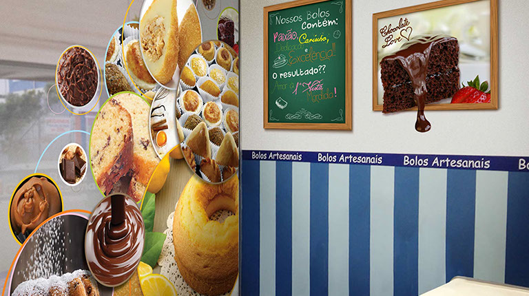 Criação de decoração e ambientações para lojas de bolos. Adesivação fotográfica personalizada.