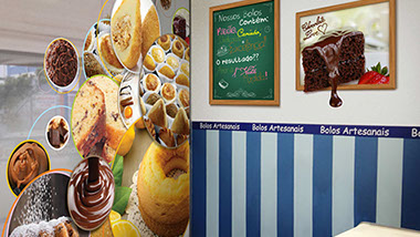 Criação de decoração e ambientações para lojas de bolos. Adesivação fotográfica personalizada.