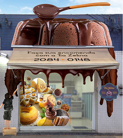 Criação de projetos especiais para decoração e ambientações para lojas de bolos. Adesivação fotográfica personalizada e mockups em alto relevo.