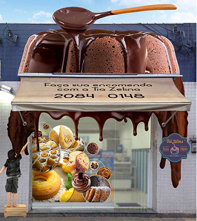 Criação de projetos especiais para decoração e ambientações para lojas de bolos. Adesivação fotográfica personalizada e mockups em alto relevo.