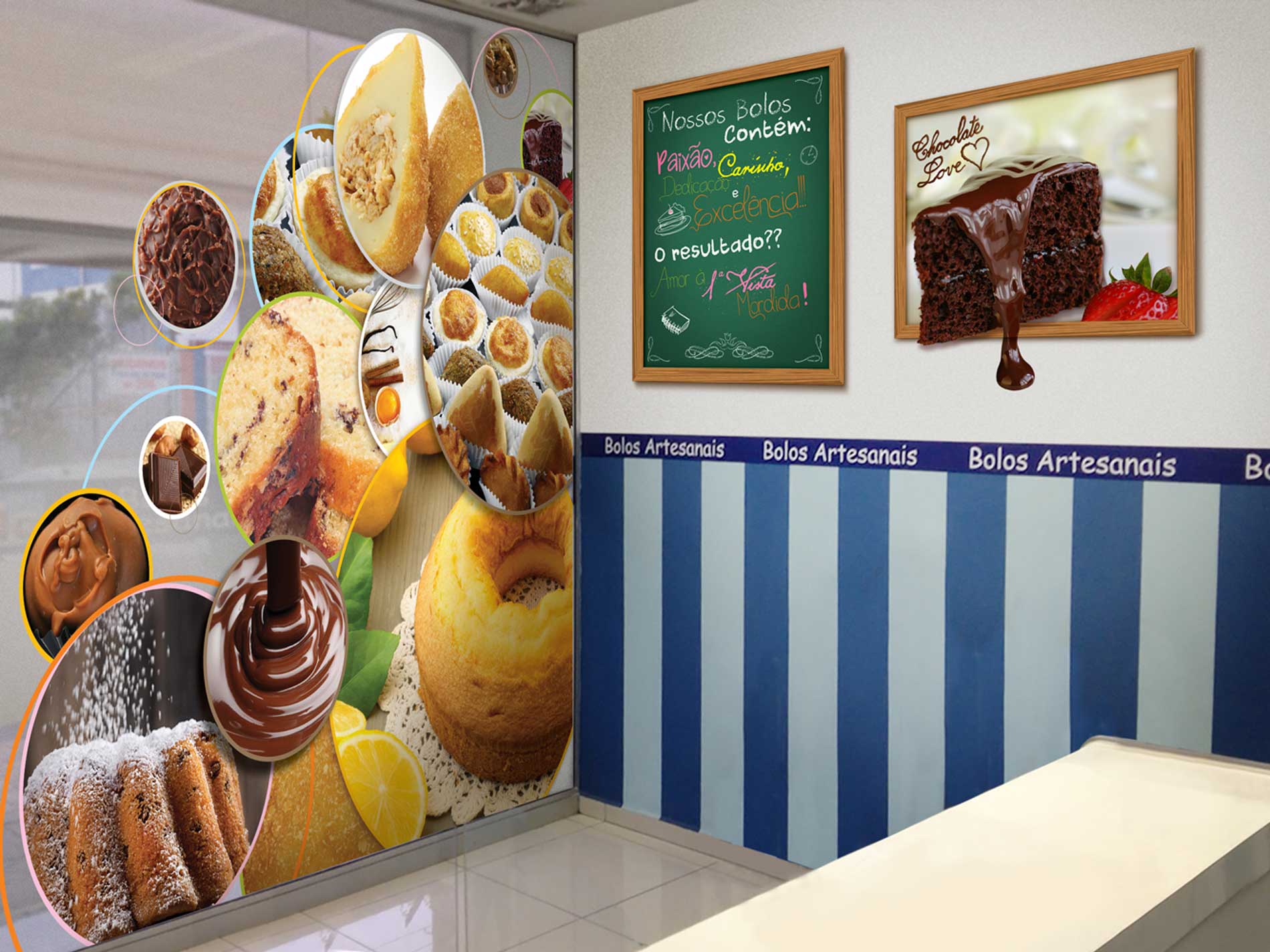 Criação de decoração e ambientações para lojas de bolos. Adesivação fotográfica personalizada.