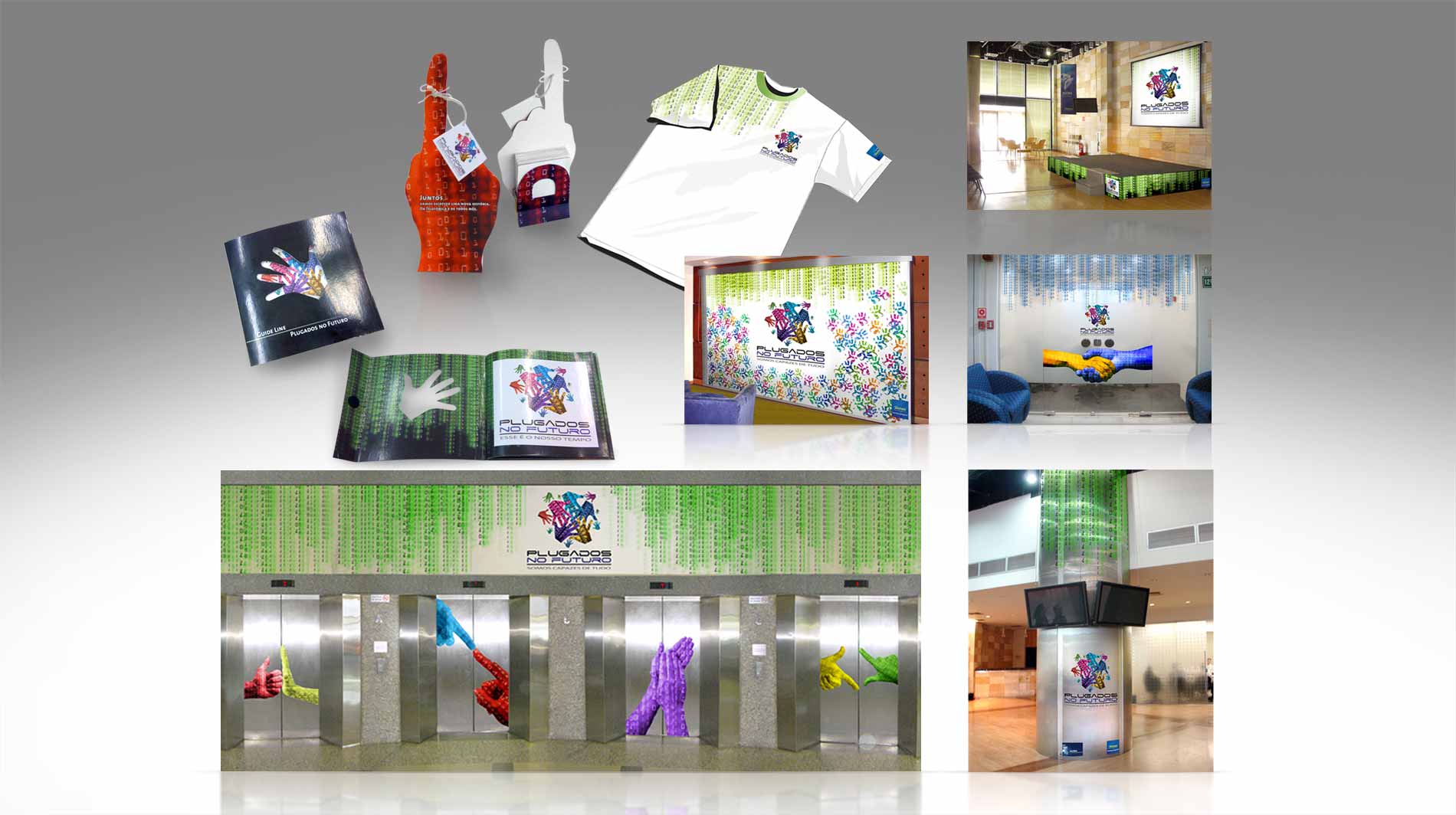 Ambientações corporativas, adesivagem, envelopamento, sinalização, panfletos, displays, camiseta, backdrop, mockups, e muito mais.