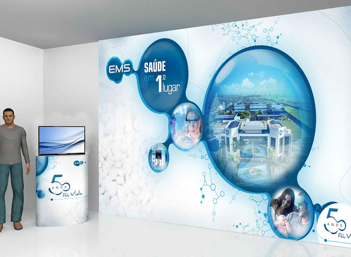 Recepção para evento de 50 anos do Laboratório EMS. Backdrop e totten.