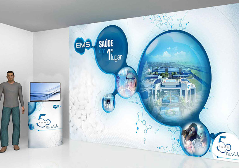 Recepção para evento de 50 anos do Laboratório EMS. Backdrop e totten.