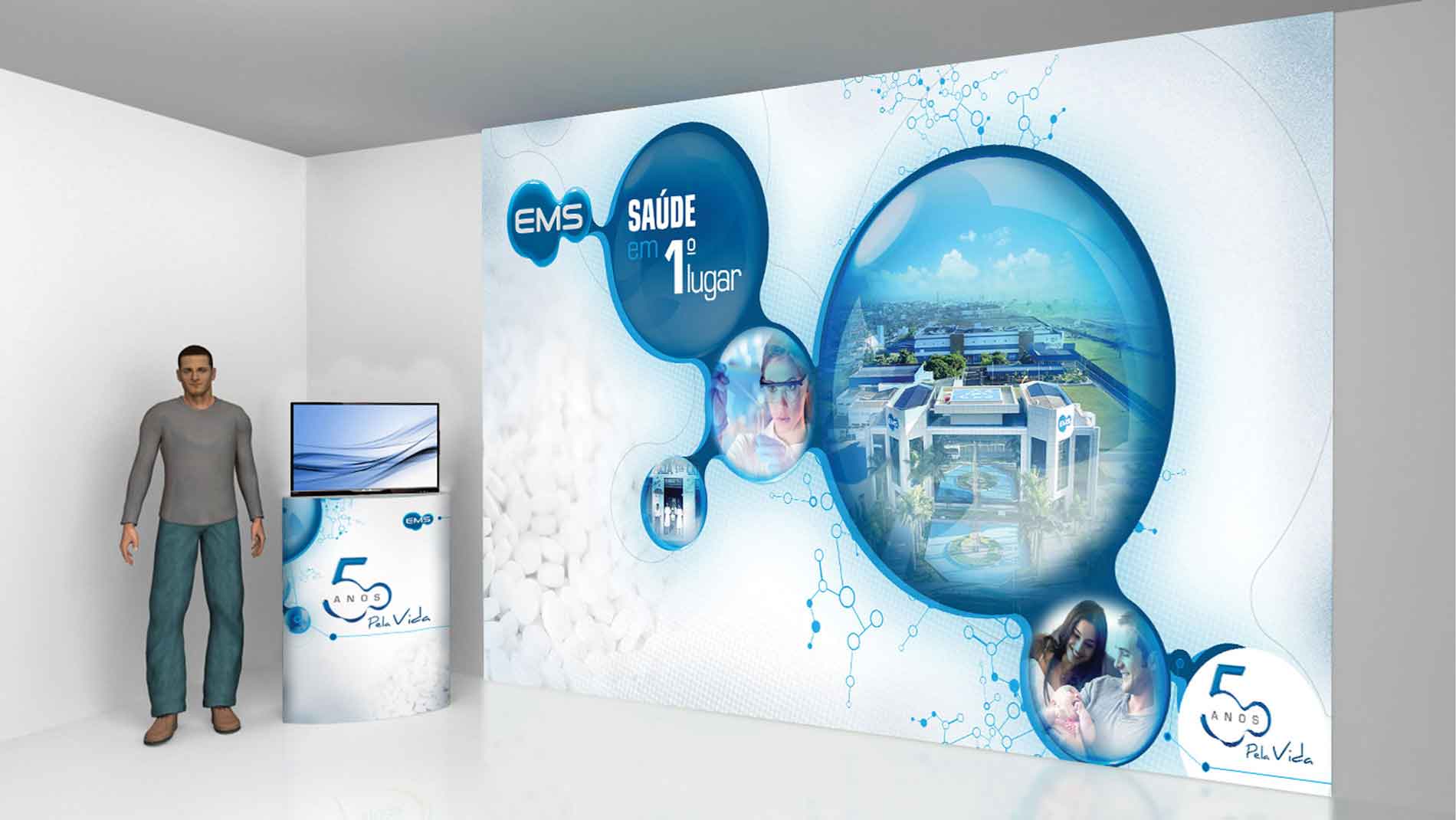 Recepção para evento de 50 anos do Laboratório EMS. Backdrop e totten.