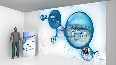 Recepção para evento de 50 anos do Laboratório EMS. Backdrop e totten.