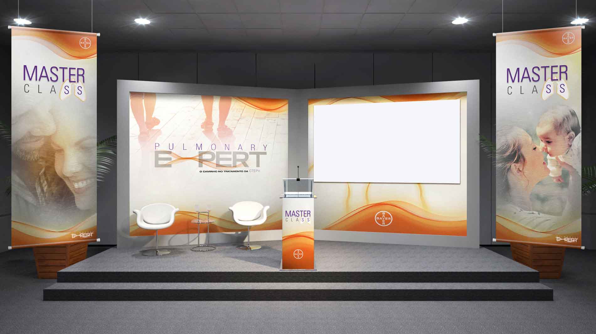 Congresso e Comunicação Visual para evento da Bayer. Backdrop, Púpito, Banners e Template para projetor.